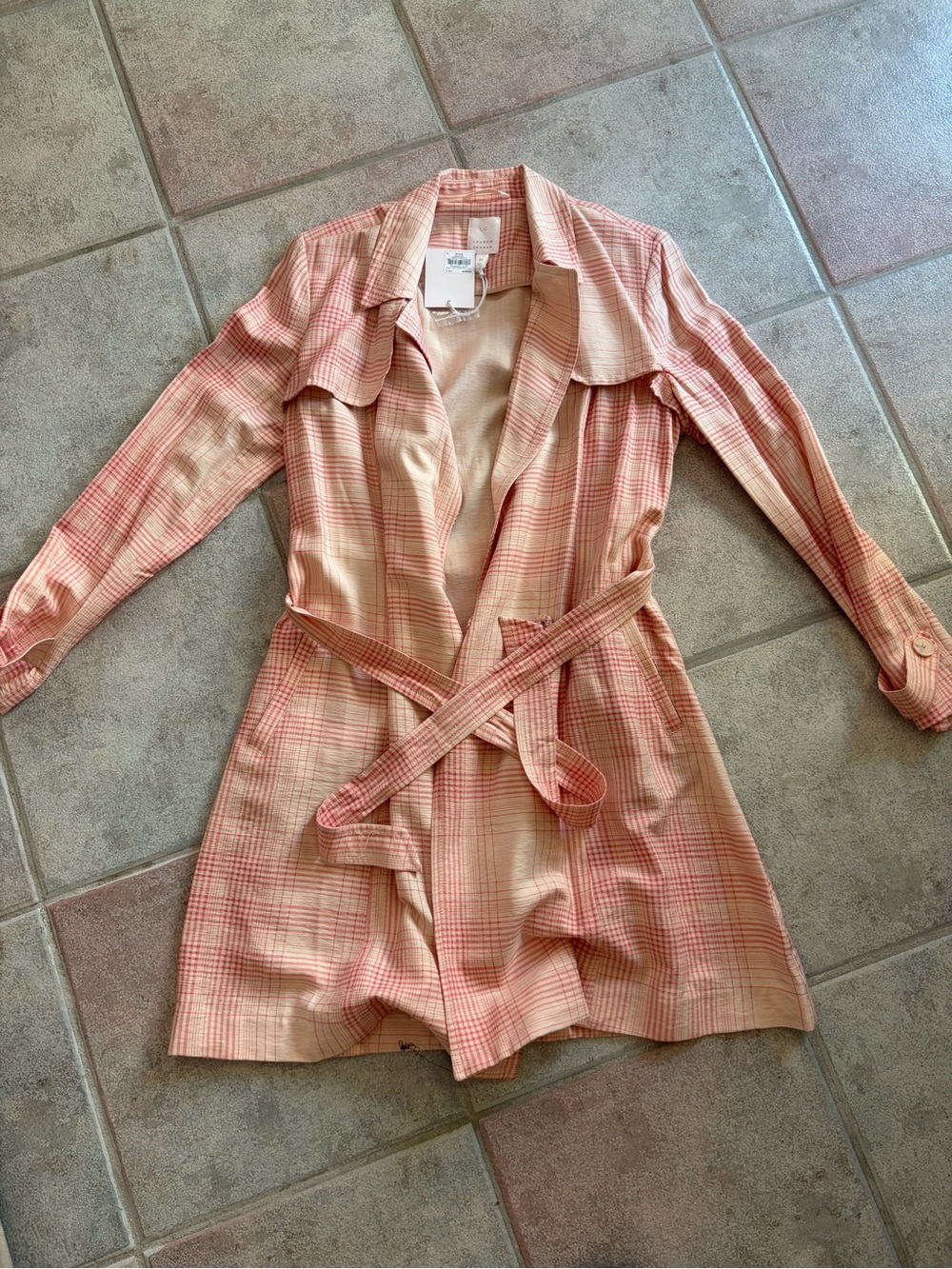 Peach Plaid Lightweight Trench Coat with Belt